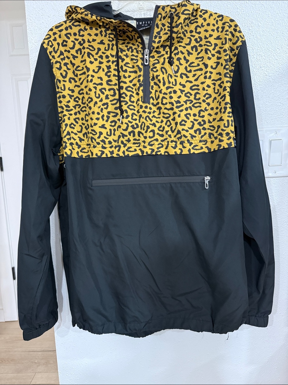 Empyre Black Windbreaker with Yellow Leopard Hood Panel